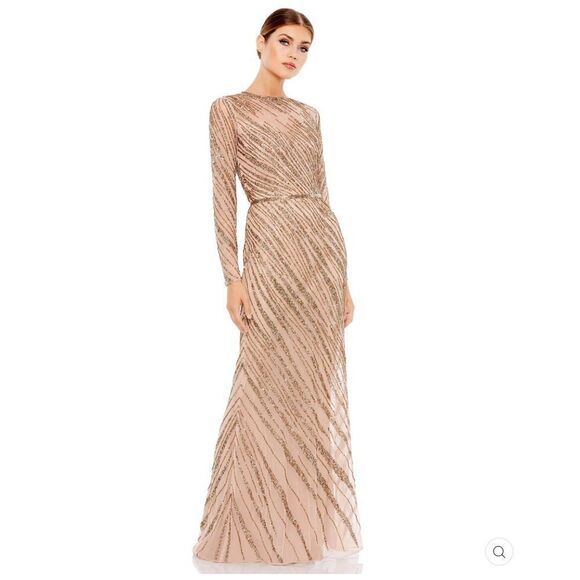 Mac Duggal Long Sleeve Beaded Column Gown Dress Mocha Size 4 - Picture 4 of 14